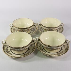 Set of 4 Vintage Minton Stanwood Gold Trim Cream Soup Bowls w/ Saucers